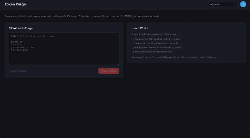 Token purge: enter PII values one per line to permanently delete their vault tokens for GDPR erasure requests